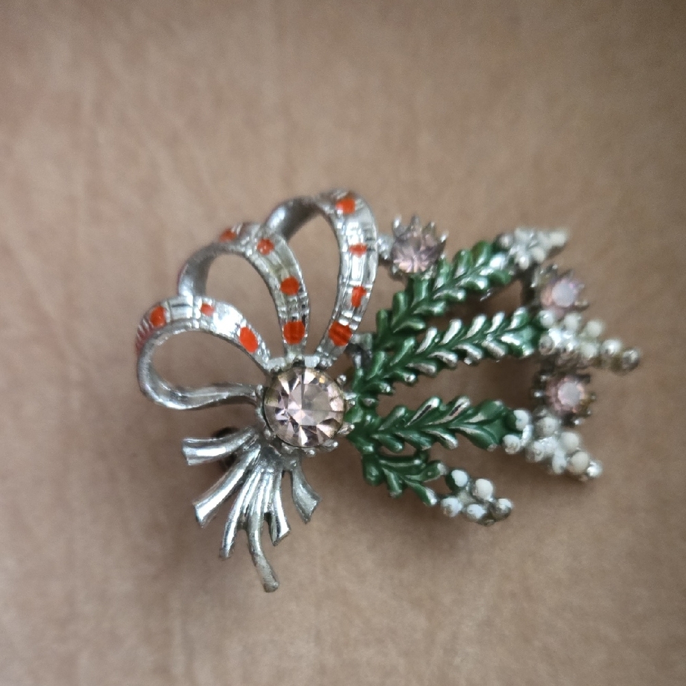Vintage Chic Silver and Green Floral Christmas Brooch Signed